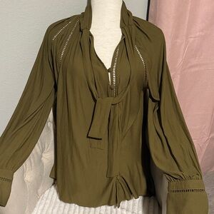Free People Holiday  Olive Blouse with Tie Detail